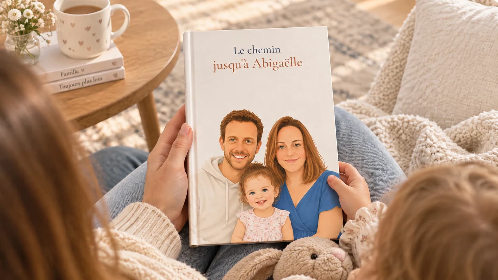 Le chemin jusqu’à Abigaëlle : couverture du livre illustrée des deux parents et de leur fille, tenue sur les genoux