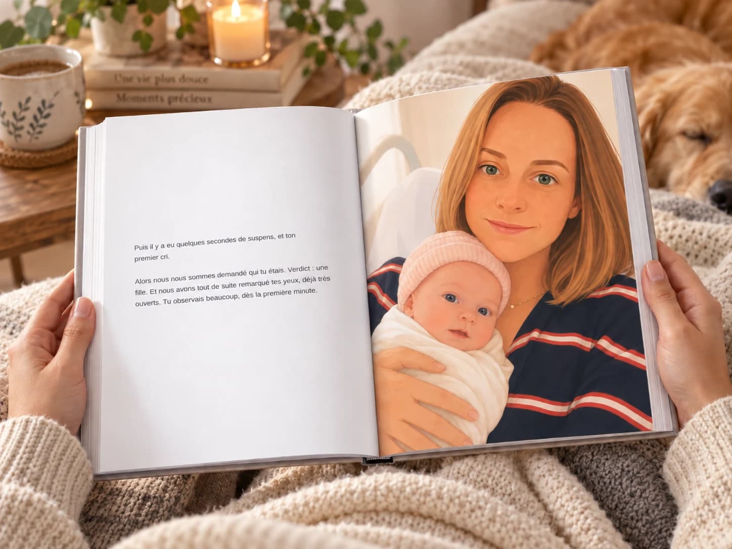 Livre Storynous ouvert : le récit de la naissance à gauche et l’illustration d’une mère avec son nouveau-né à droite