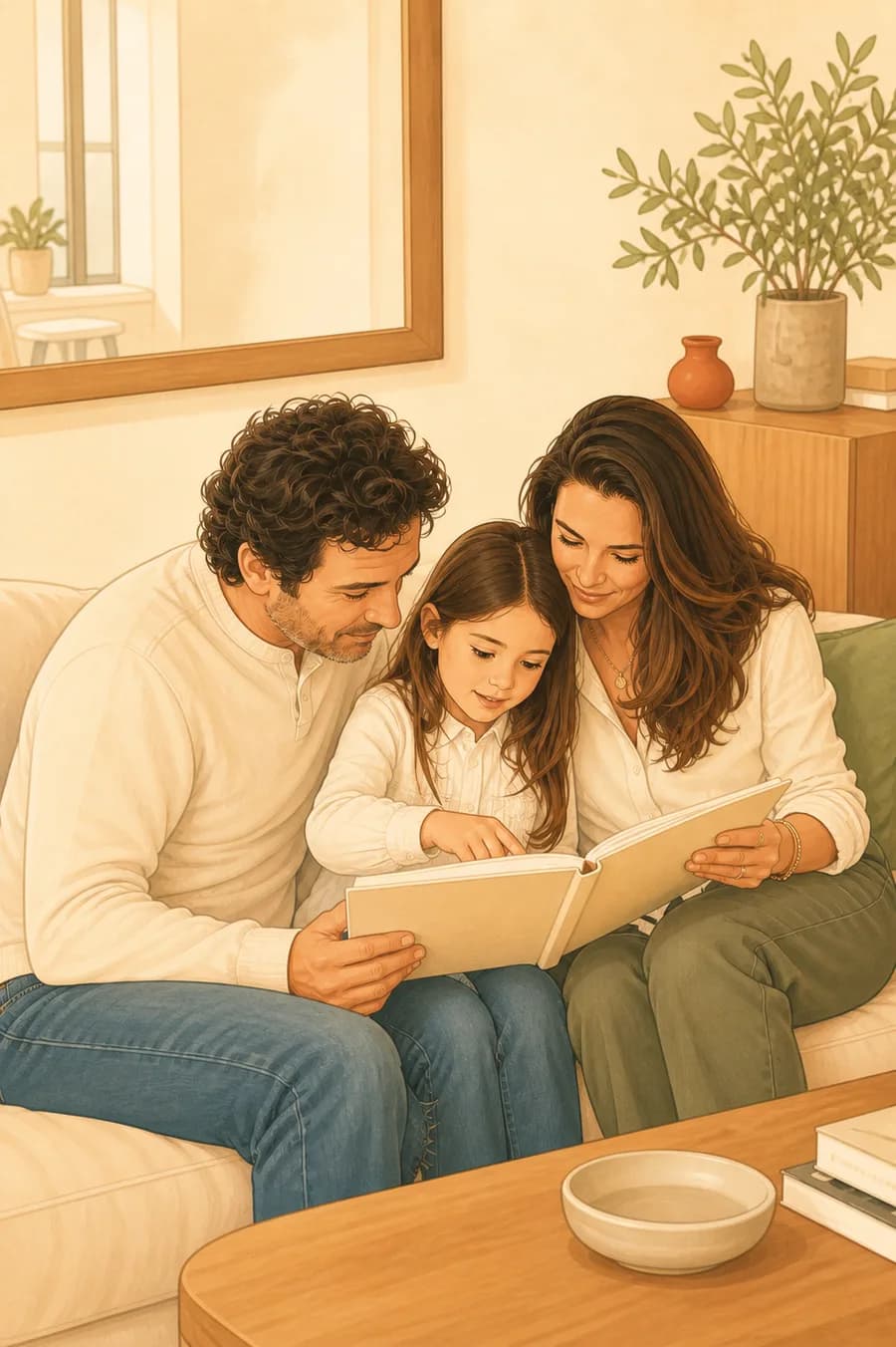 Une mère, un père et leur enfant lisent ensemble un livre de famille